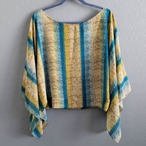 New York & Company Blue & Green Striped Cape Sleeve Blouse Sz Medium